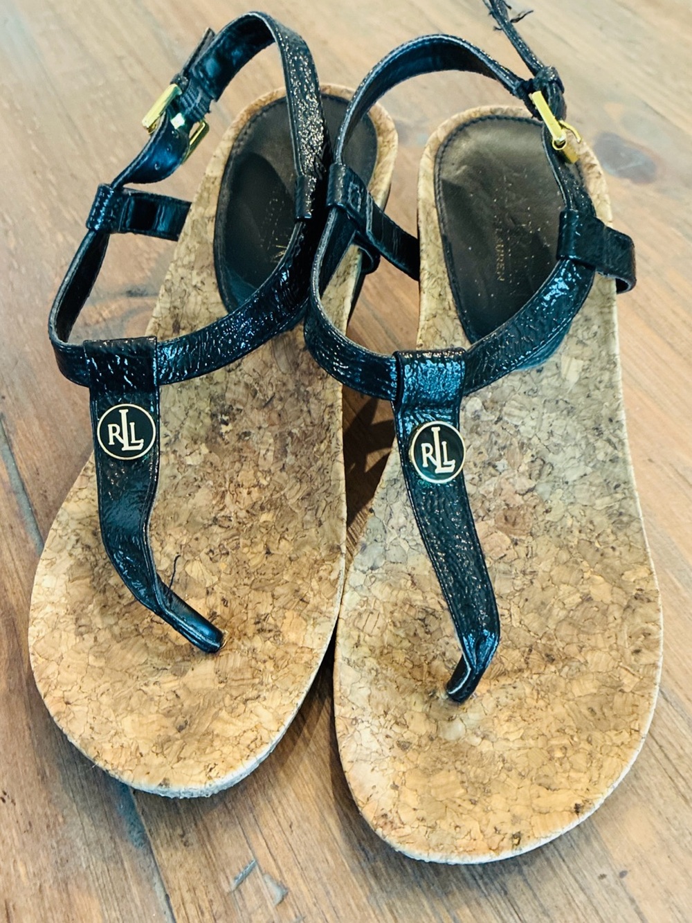 Ralph Lauren Black Cork Thong wedge  Sandals - RLL Logo size 6